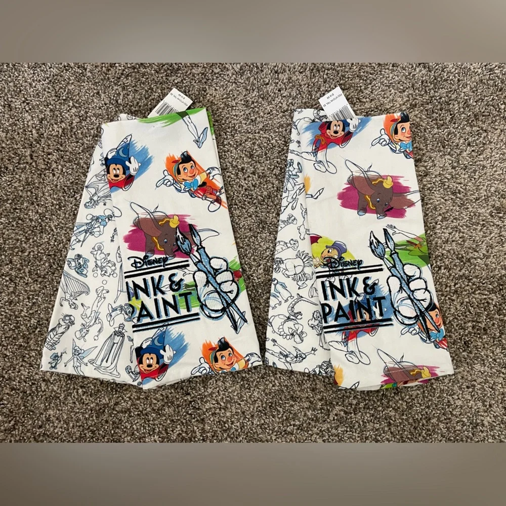 NWT Disney Parks Ink and Paint Kitchen Towel 2 Sets